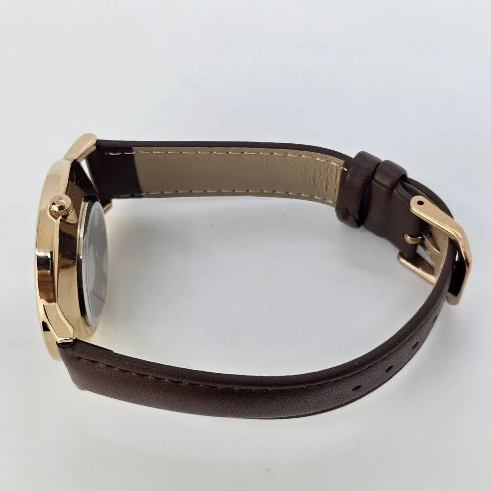 Men's Watch 40MM Gold Case Blue Dial Brown Leather Band‎ Straps Date Indicator